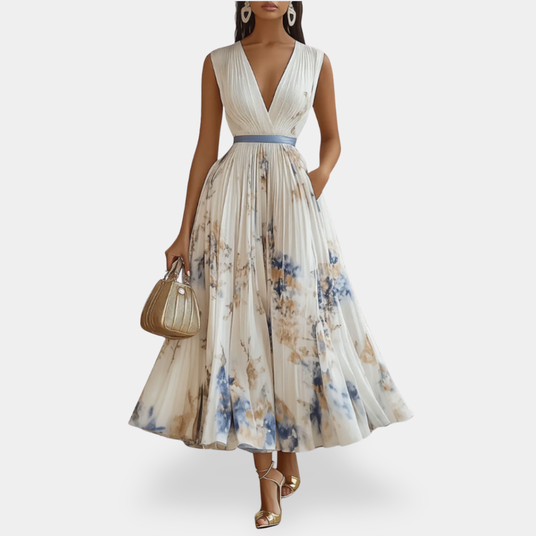 Marble Print Deep V-Neck Pleated Belted Sleeveless Midi Dress 2