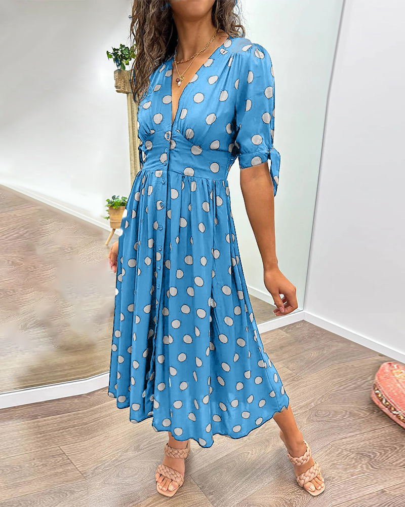Polka Dot Deep V-Neck Button Front Puff Sleeve Tie Cuff Midi Dress - View 17
