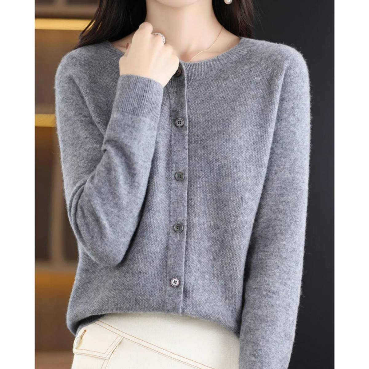 Round Neck Button Front Long Sleeve Knit Cardigan 8