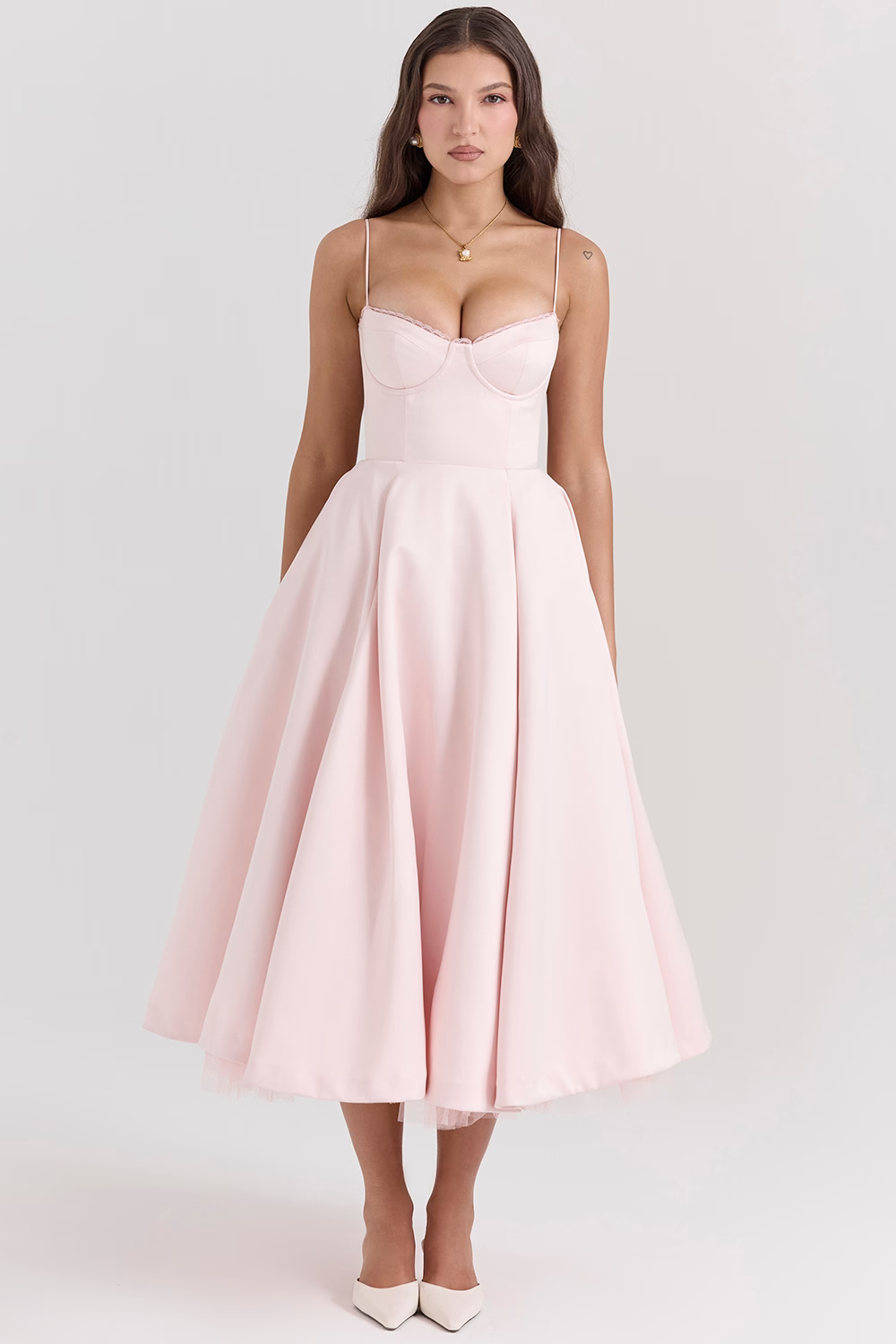 Satin Bustier Sweetheart Lace Trim Pleated Fit and Flare Midi Dress - View 4