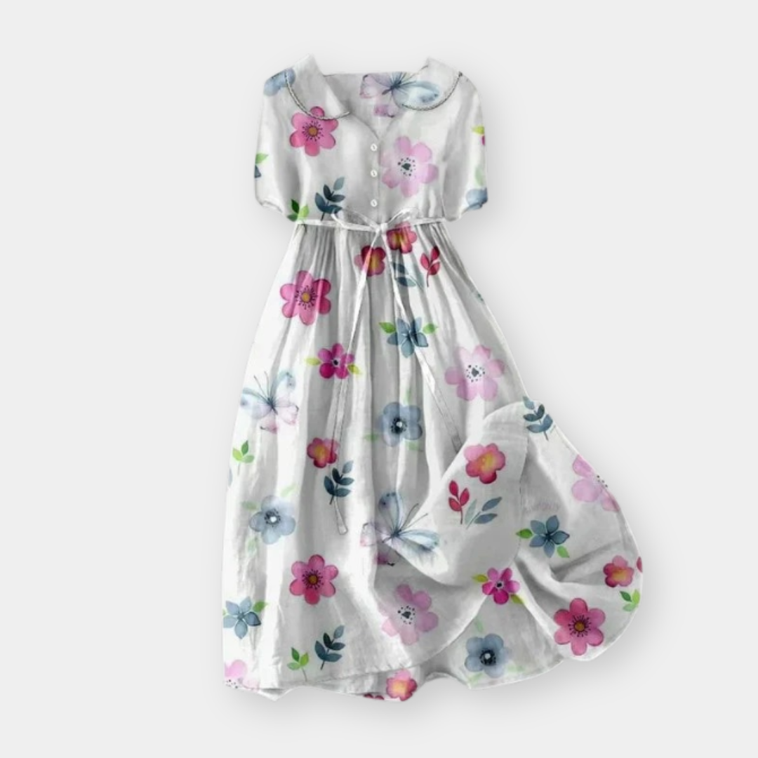Floral Butterfly Collared Tie Waist Midi Dress