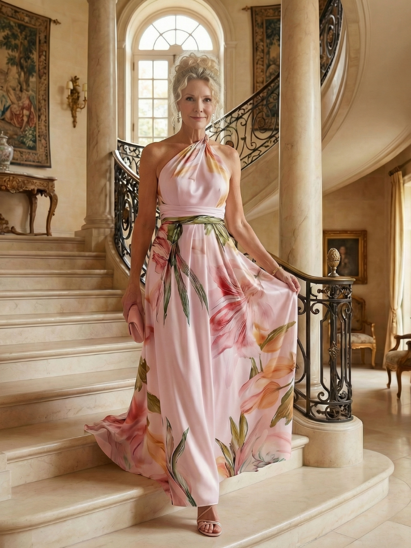 One Shoulder Floral Belted Satin Maxi Dress 13