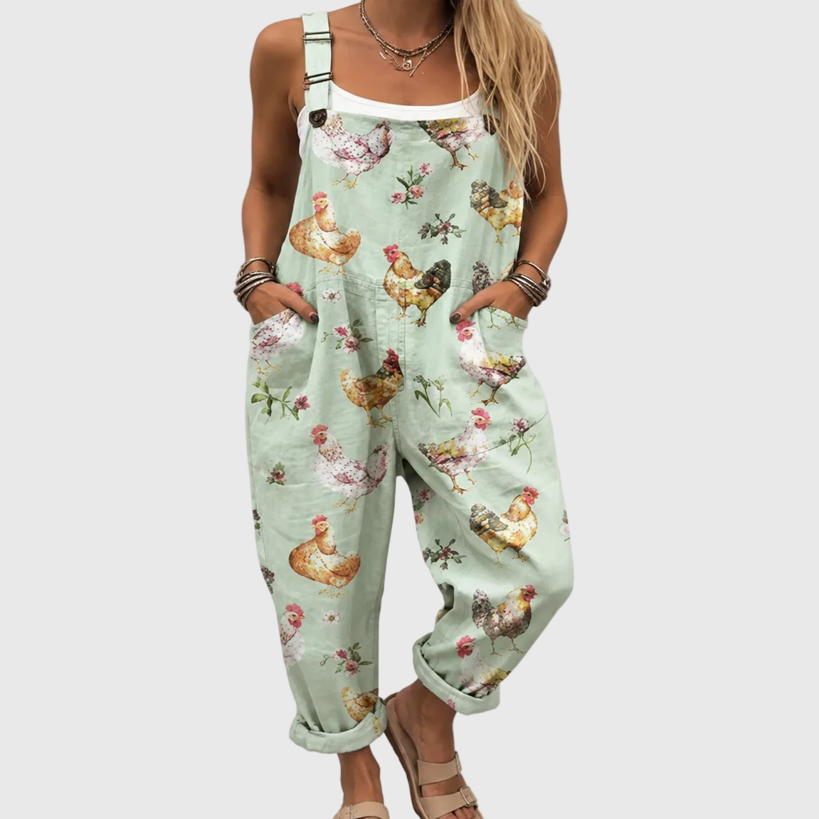 Hen Floral Print Adjustable Strap Overall Jumpsuit