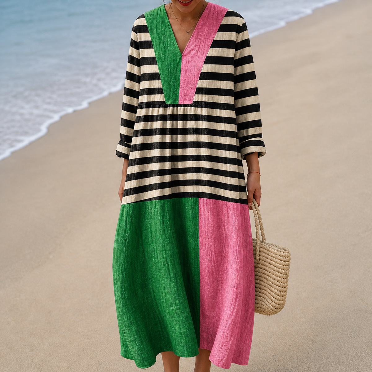 Striped Colorblock V-Neck Long Sleeve Maxi Dress