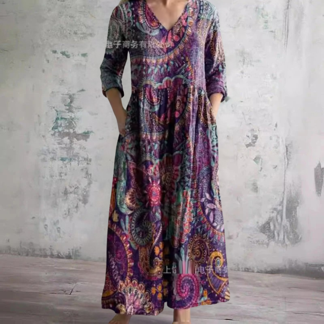 Paisley Print V-Neck Long Sleeve Tiered Maxi Dress