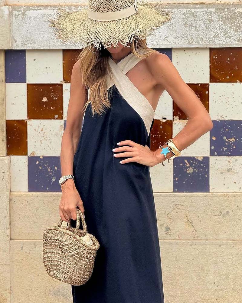 Cross Halter Neck Contrast Panel Sleeveless Draped Maxi Dress 2