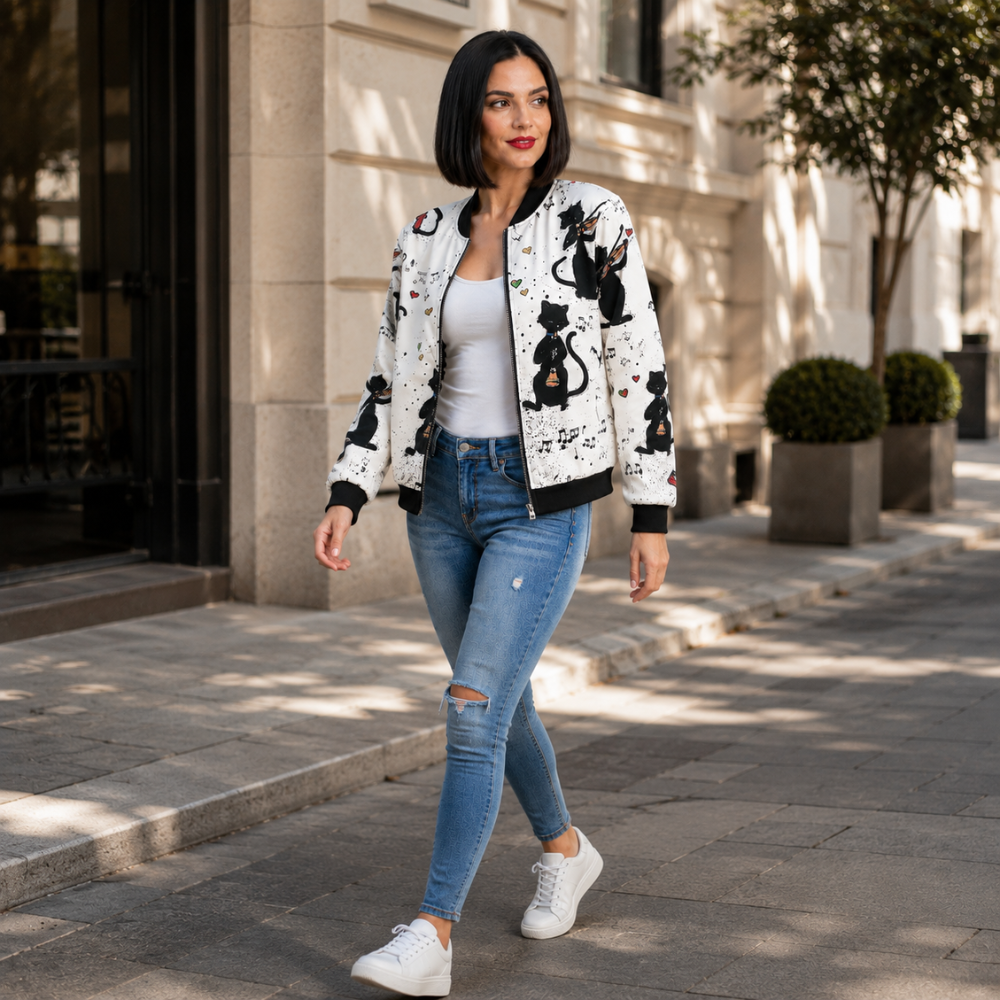 Cat and Music Print Zip Front Bomber Jacket 5