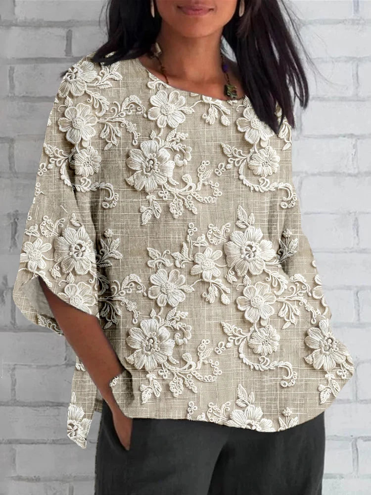 Floral Round Neck Three Quarter Sleeve Relaxed Blouse