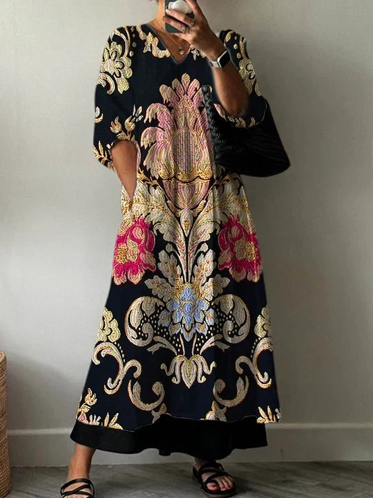 Ornate Floral Print V-Neck Half Sleeve Layered Maxi Dress