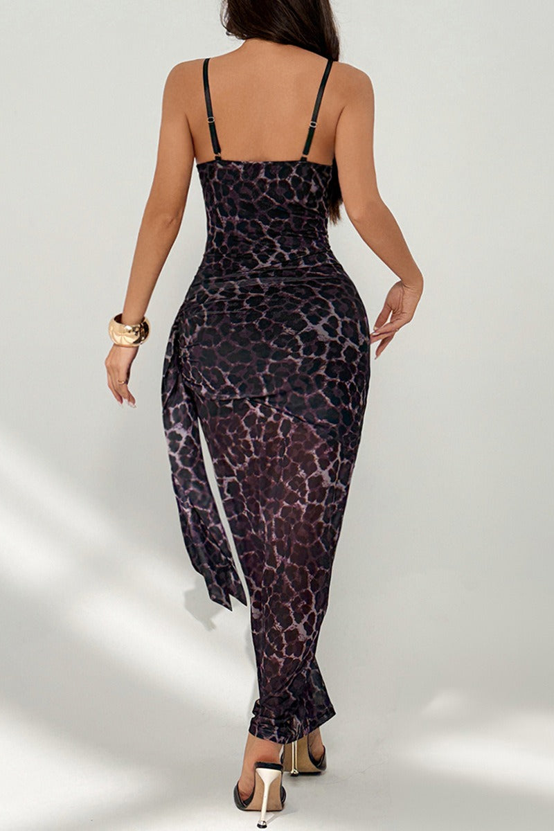 Leopard Print Corset Bustier Ruched High Split Maxi Dress 13