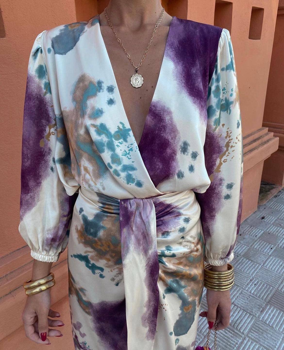 Floral Print V-Neck Long Sleeve Wrap Midi Dress 4