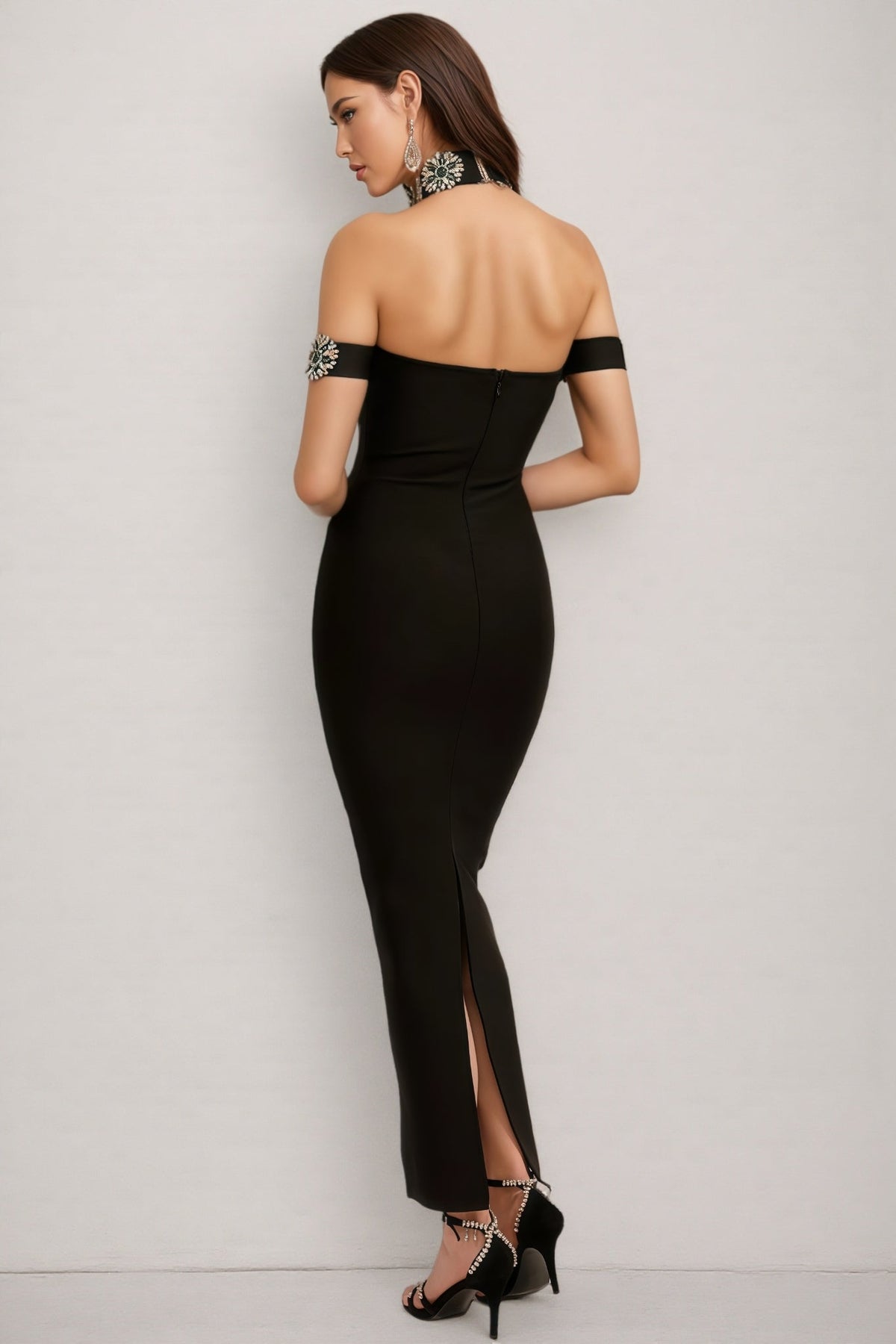 Crystal Embellished Off Shoulder Choker Neck Mesh Maxi Gown - View 4