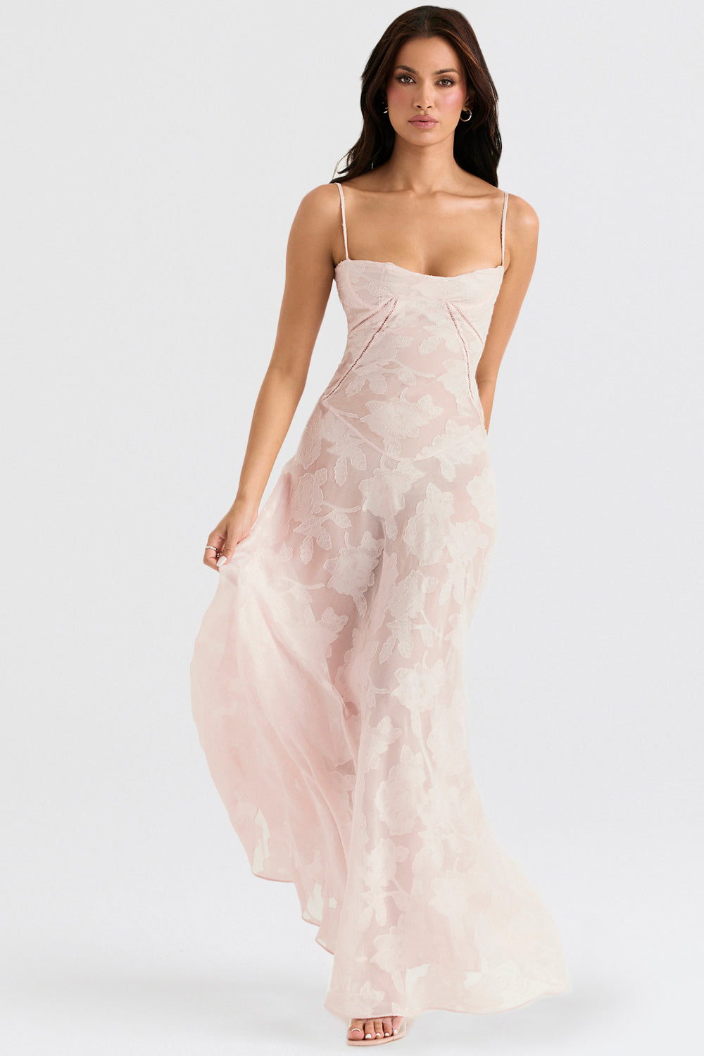 Floral Lace Spaghetti Strap Corset Bodice Sheer Mesh Maxi Gown - View 6