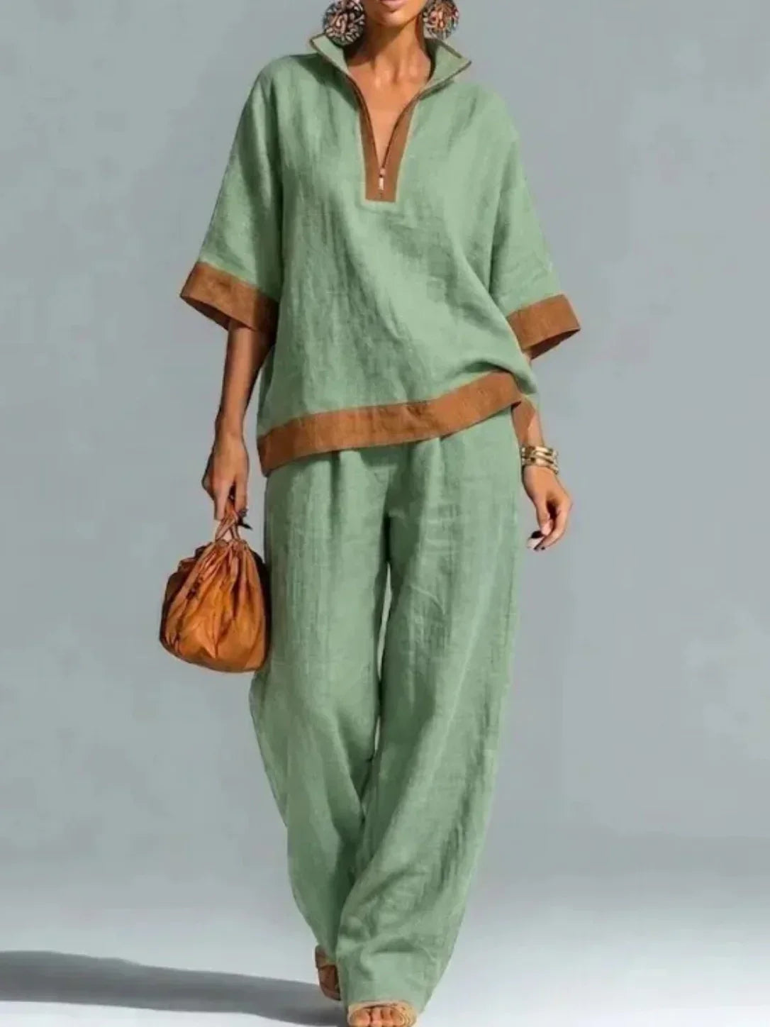 Quarter Zip Collared Contrast Trim Top and Wide Leg Pants Two Piece Set 3