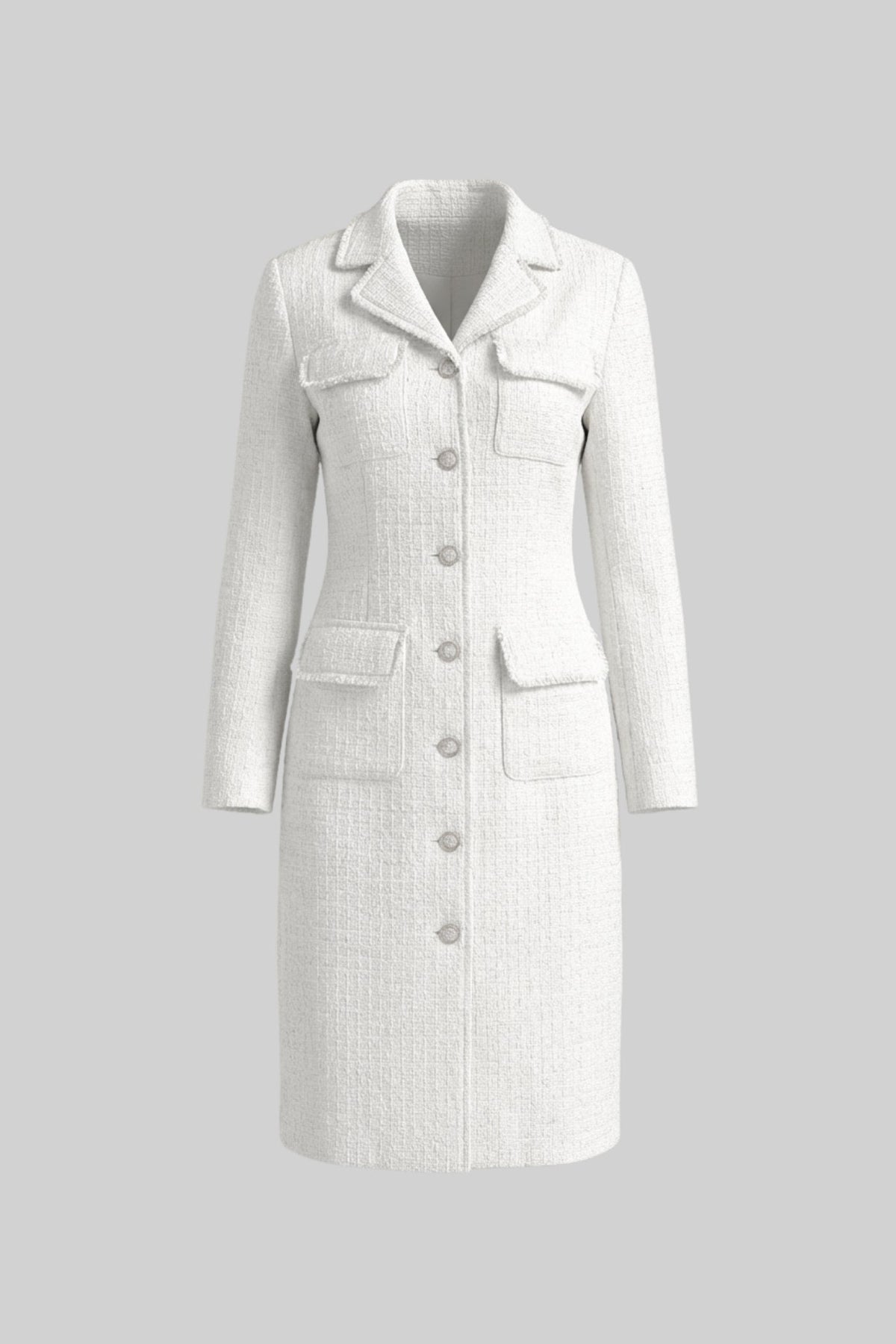 Boucle Long Sleeve Notched Collar Button Front Patch Pocket Midi Dress - View 2