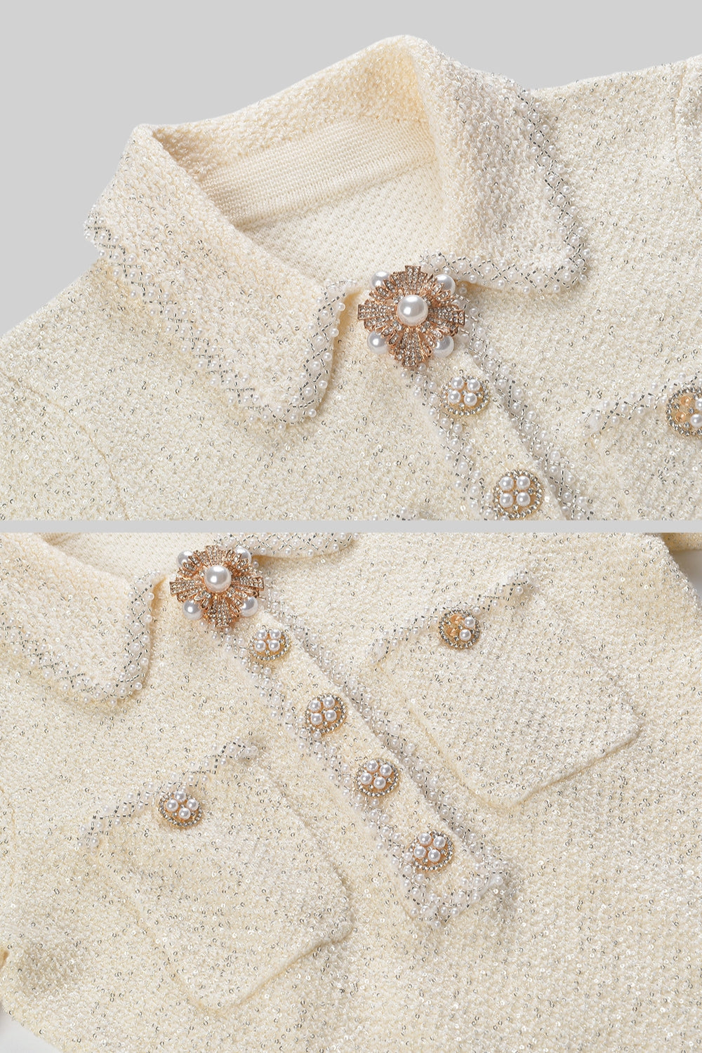 Tweed Pearl Collar Metallic Button Patch Pocket Ruffle Hem Long Sleeve Mini Dress - View 11