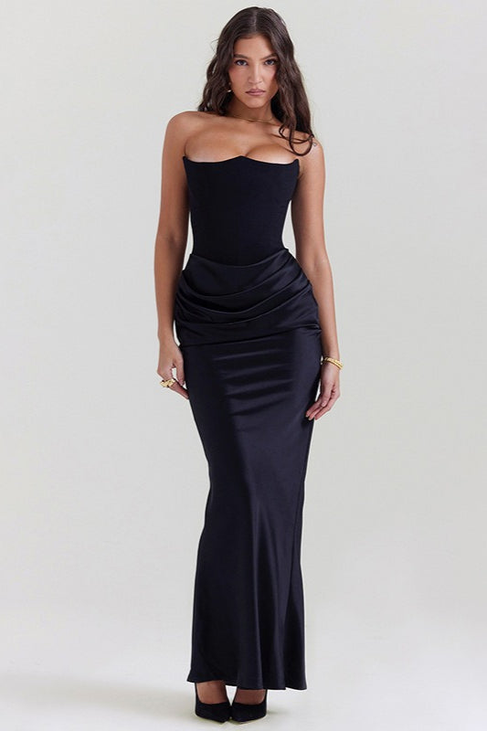 Strapless Corset Draped Satin Mermaid Maxi Gown - View 11