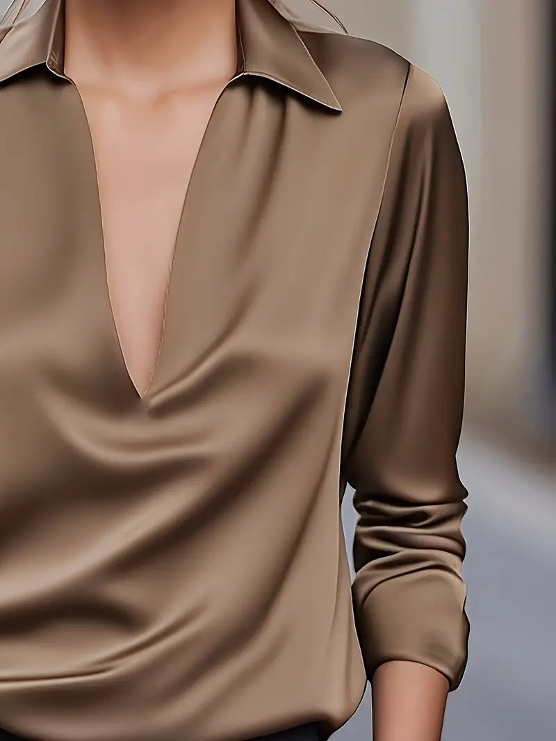 Collared Deep V-Neck Long Sleeve Satin Blouse 27