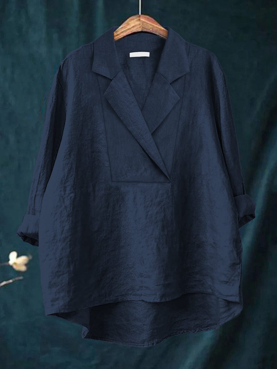 Notch Lapel V-Neck Long Sleeve Linen Look Blouse 3