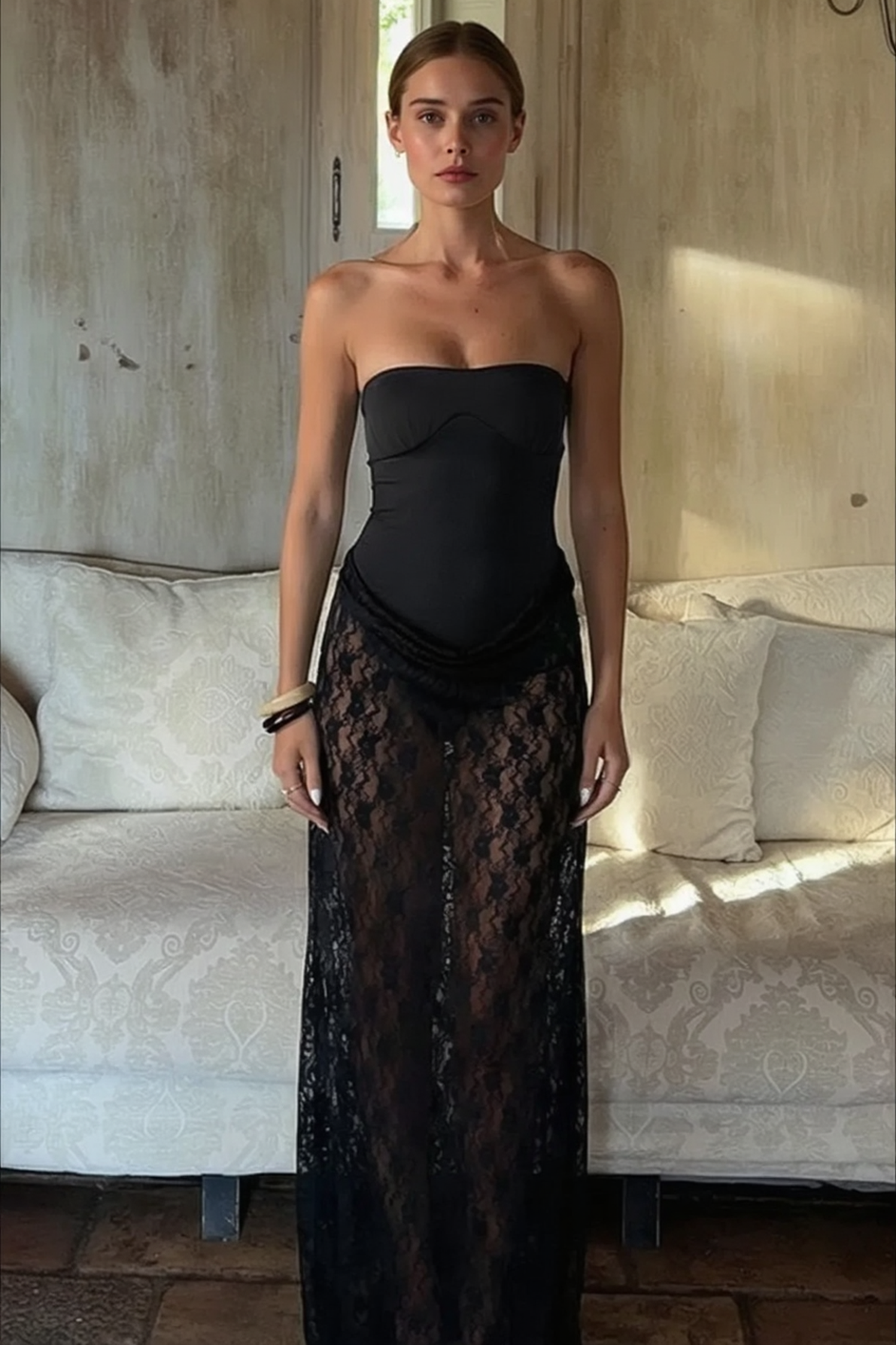 Lace Strapless Backless Sheer Mesh Solid Party Dress