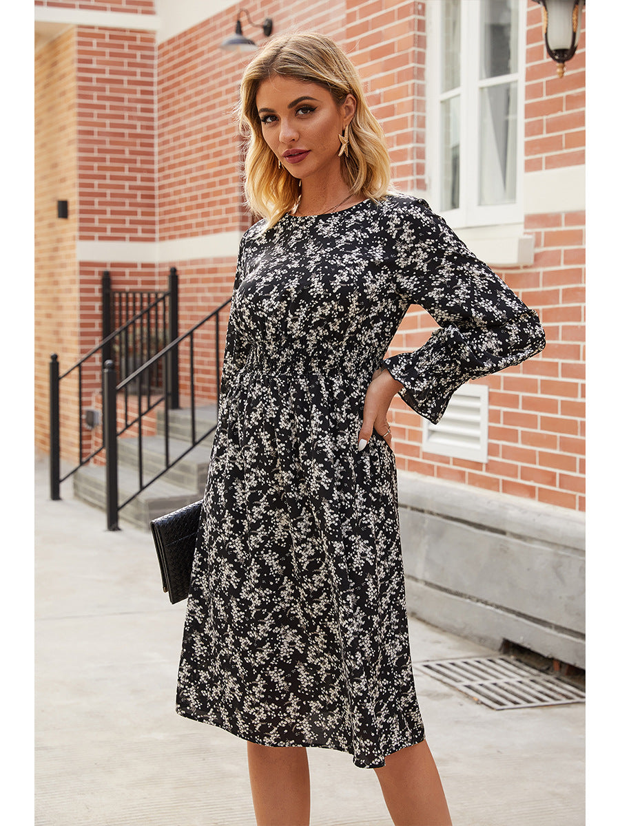 Floral Long Sleeve Smocked Waist A-Line Midi Dress - View 2
