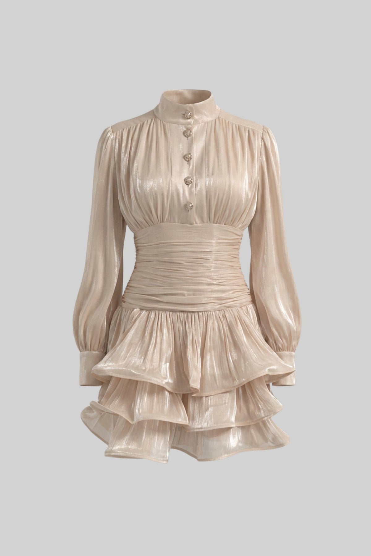 Draped Long Sleeve Mini Dress With Tiered Ruffle Skirt - Champagne - View 5