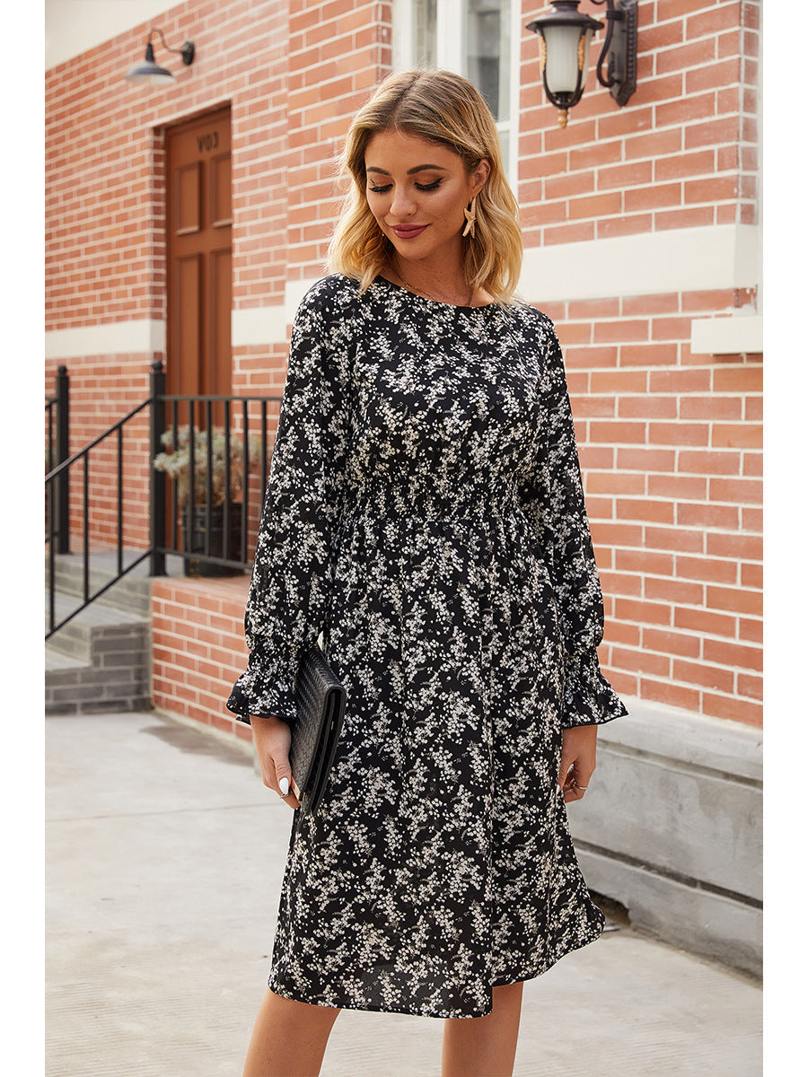 Floral Long Sleeve Smocked Waist A-Line Midi Dress - View 3