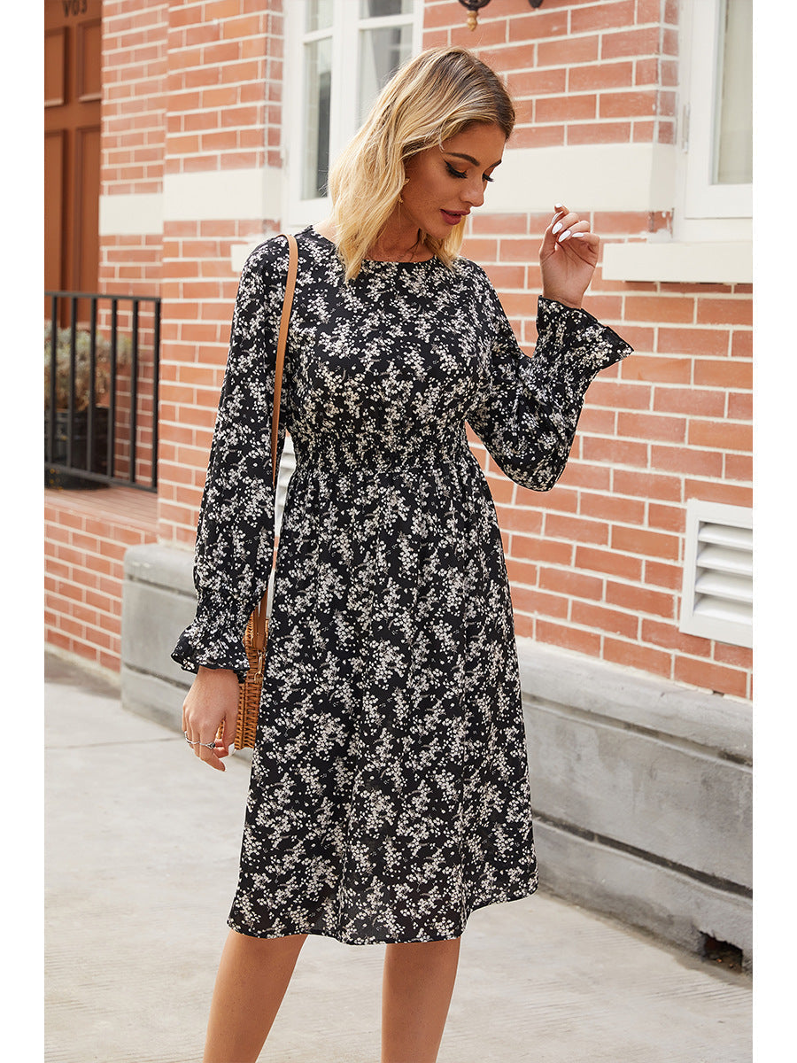 Floral Long Sleeve Smocked Waist A-Line Midi Dress - View 6