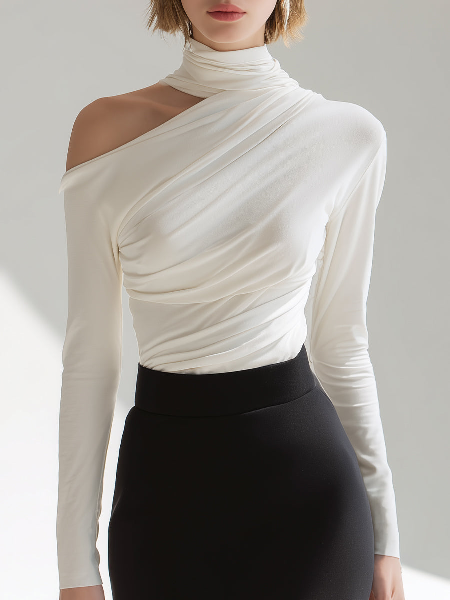 One Shoulder Cut Out Draped Long Sleeve Top