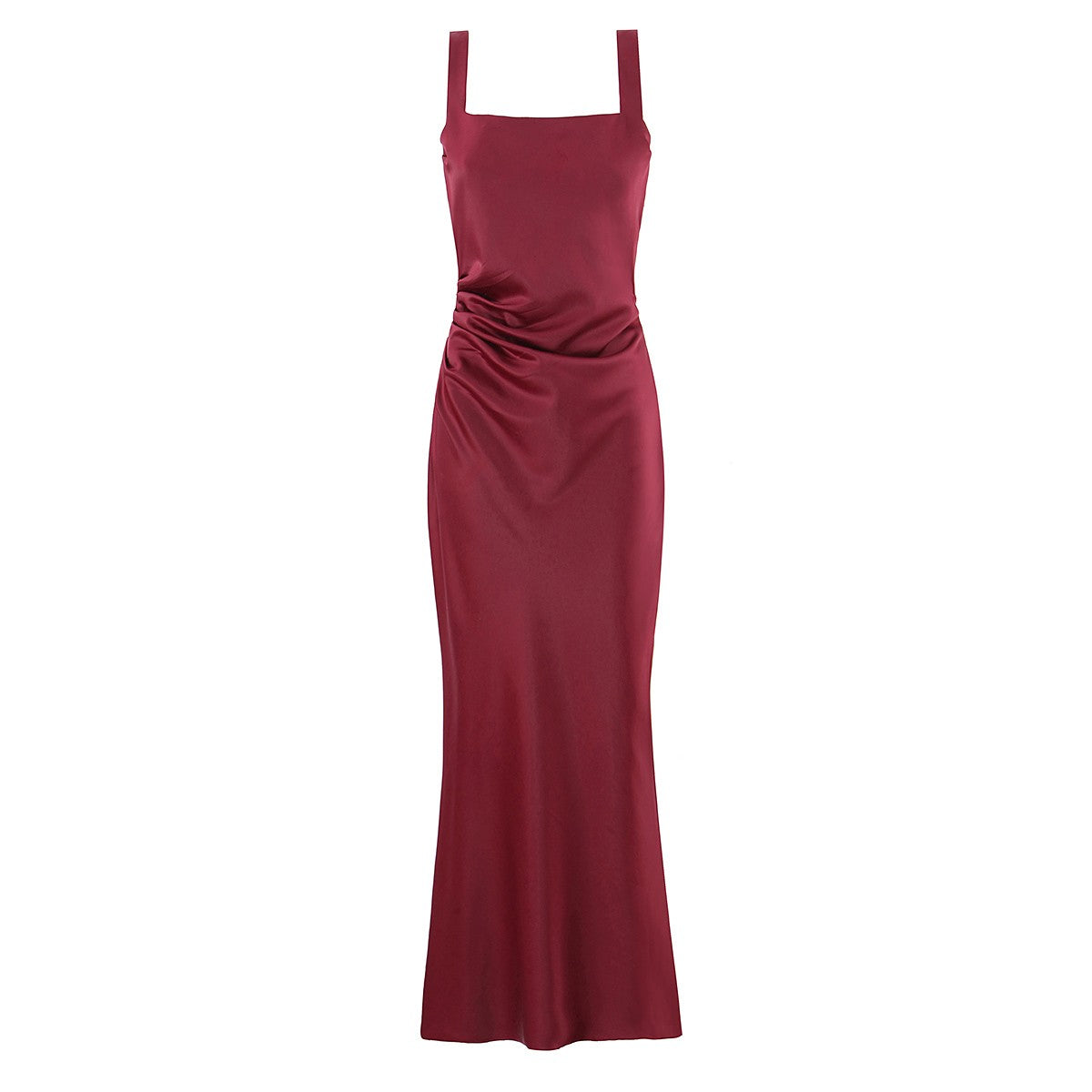 Satin Square Neck Ruched Bias Cut Slip Maxi Dress
