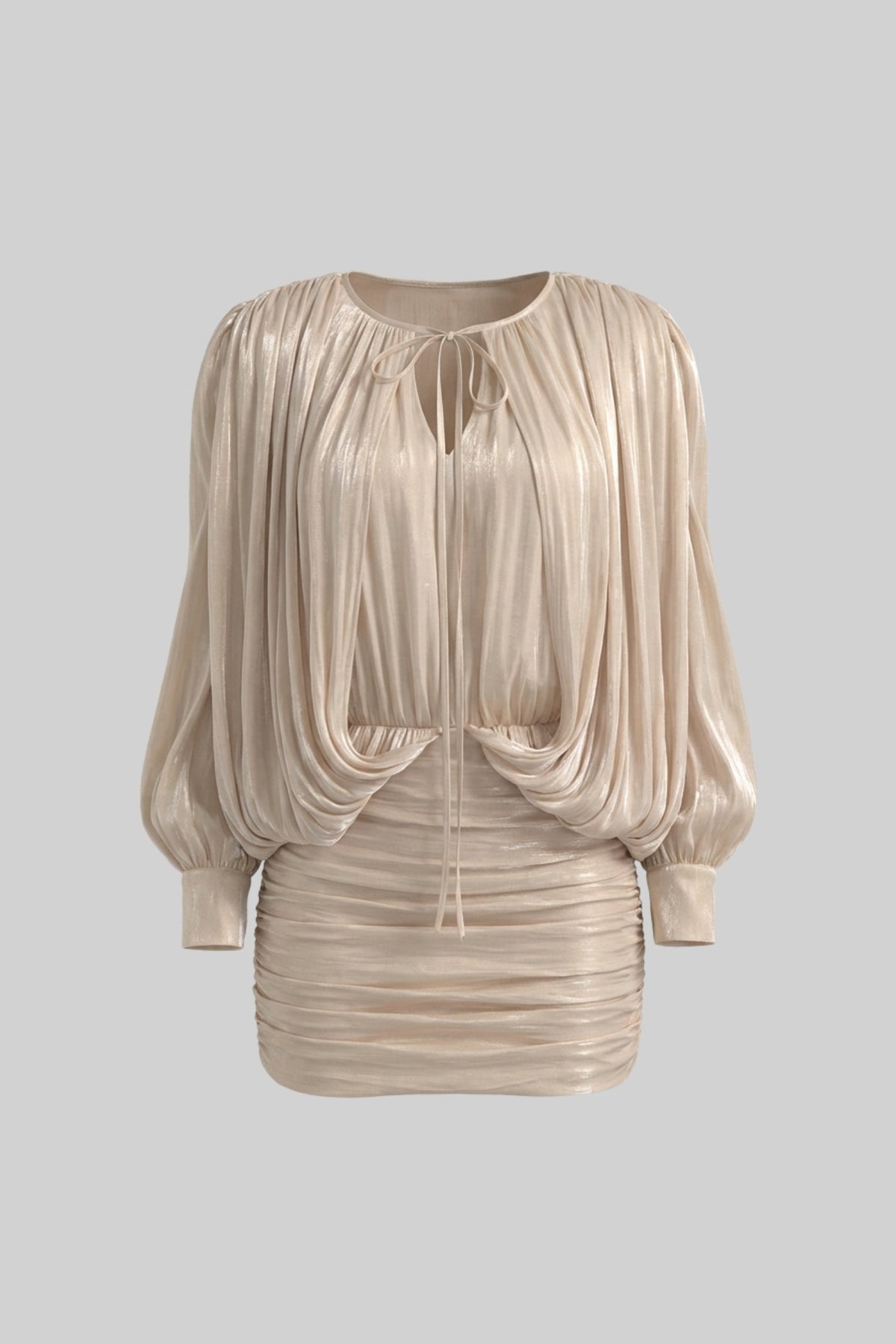 Draped Long Sleeve Mini Dress With Batwing Sleeves - Champagne - View 2