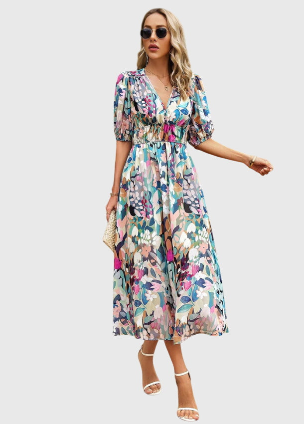 Floral Print Deep V-Neck Puff Sleeve High Waist Maxi Dress