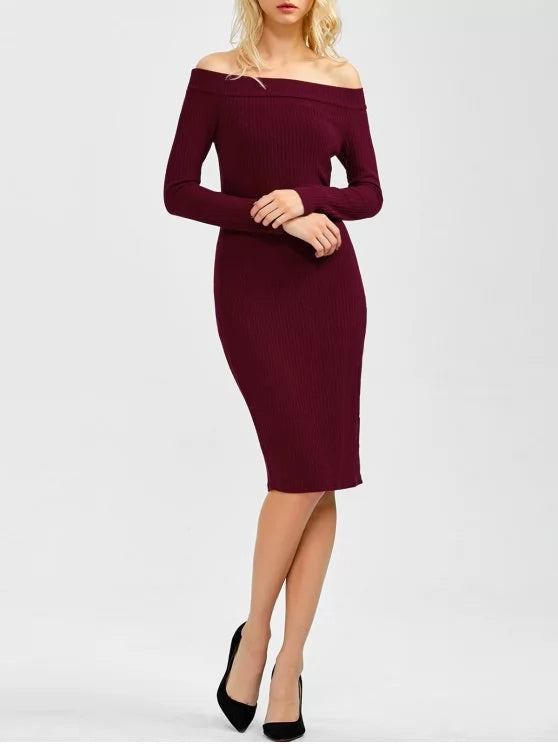 Off Shoulder Long Sleeve Ribbed Knit Bodycon Midi Dress 5