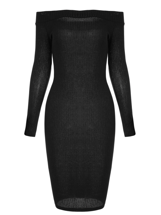 Off Shoulder Long Sleeve Ribbed Knit Bodycon Midi Dress 4