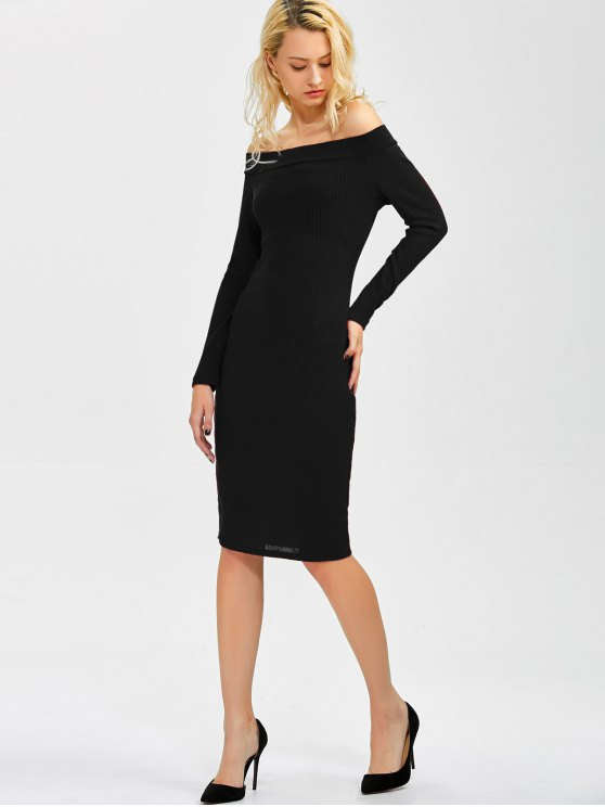 Off Shoulder Long Sleeve Ribbed Knit Bodycon Midi Dress 3