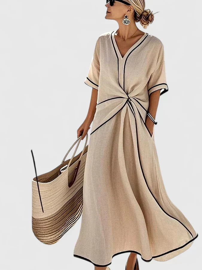 V-Neck Contrast Trim Twist Front Maxi Dress 4