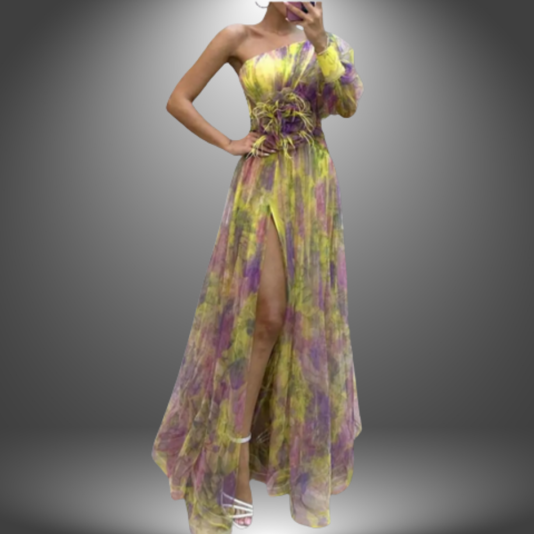 Watercolor Print One Shoulder Rosette Waist High Split Gown 2