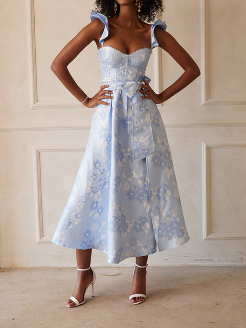Floral Sweetheart Ruffle Strap Bow Waist High Split Midi Dress 2