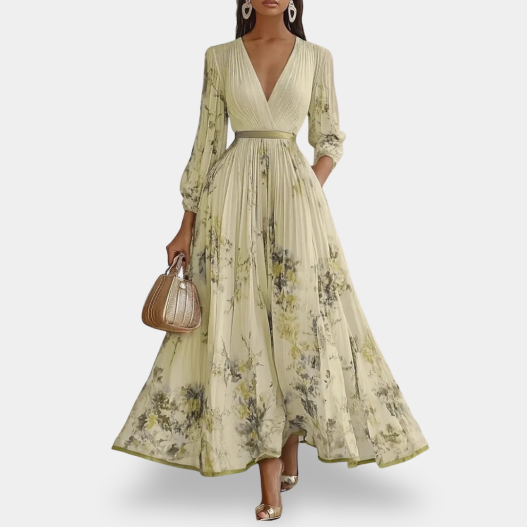Marble Print Deep V-Neck Pleated Belted Sleeveless Midi Dress 5