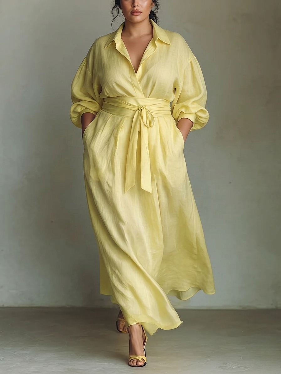 Collared Deep V-Neck Tie Waist Flowy Maxi Shirt Dress 2