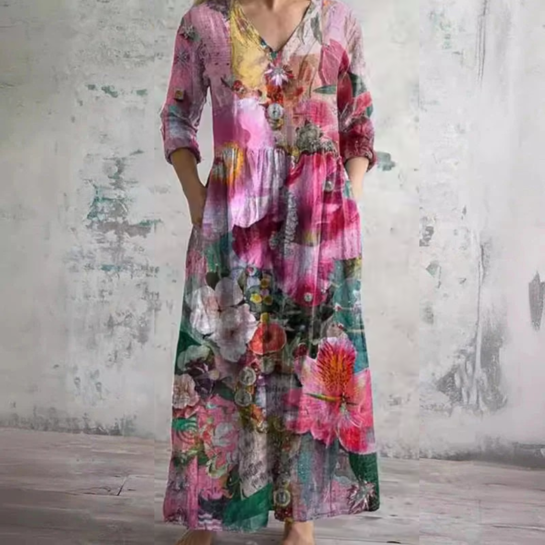 Watercolor Floral V-Neck Long Sleeve Tiered Maxi Dress