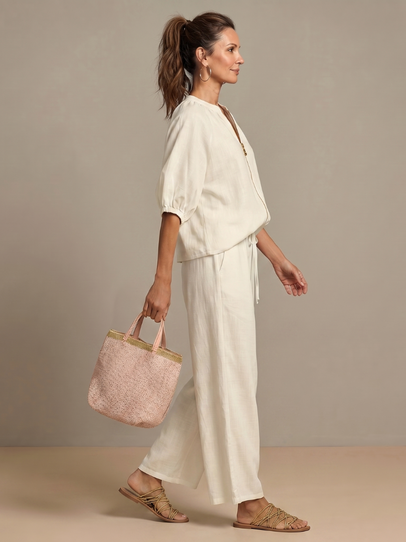 Puff Sleeve Zip Front Top and Wide Leg Pants Two Piece Set 10