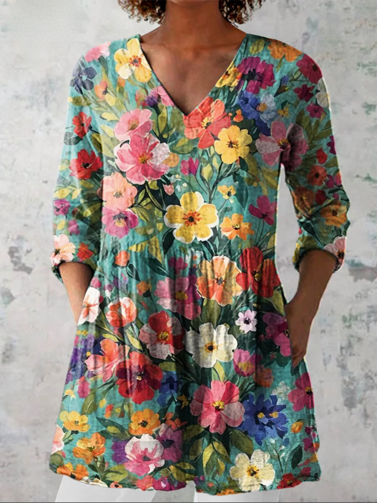Painted Floral V-Neck Long Sleeve Pocket Tunic Blouse