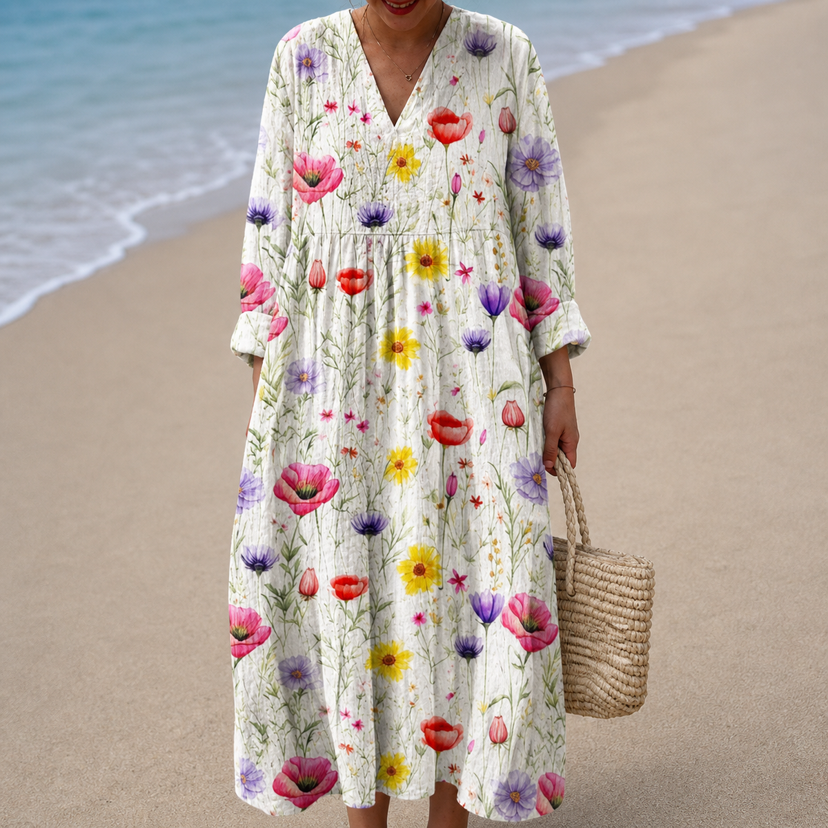 V-Neck Long Sleeve Wildflower Print Tiered Midi Dress