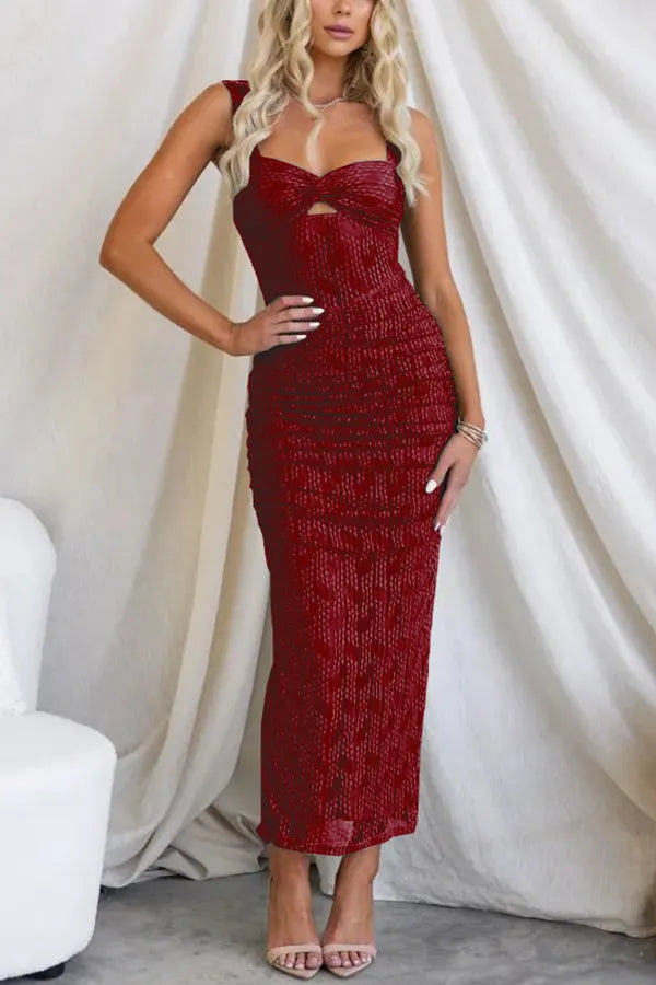 Mesh Insert Sweetheart Spaghetti Strap Twist Bodycon Maxi Dress - View 9