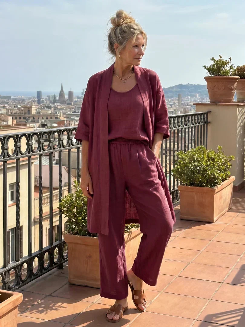 Sleeveless Tank Open Front Kimono and Wide Leg Pants Three Piece Set 26
