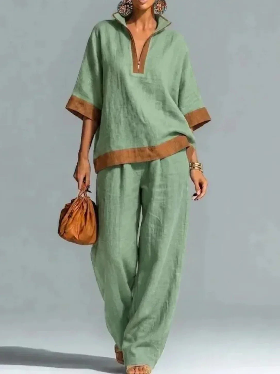 Contrast Trim High Collar Quarter Zip Top and Wide Leg Pants Two Piece Set 3