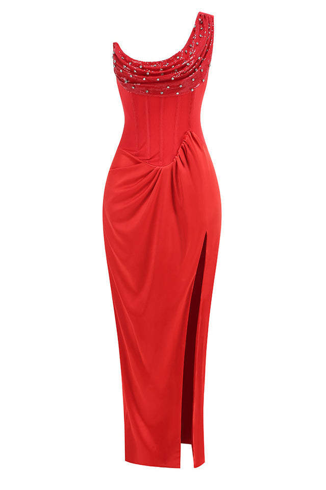 Velvet One Shoulder High Split Bodycon Maxi Dress - View 8
