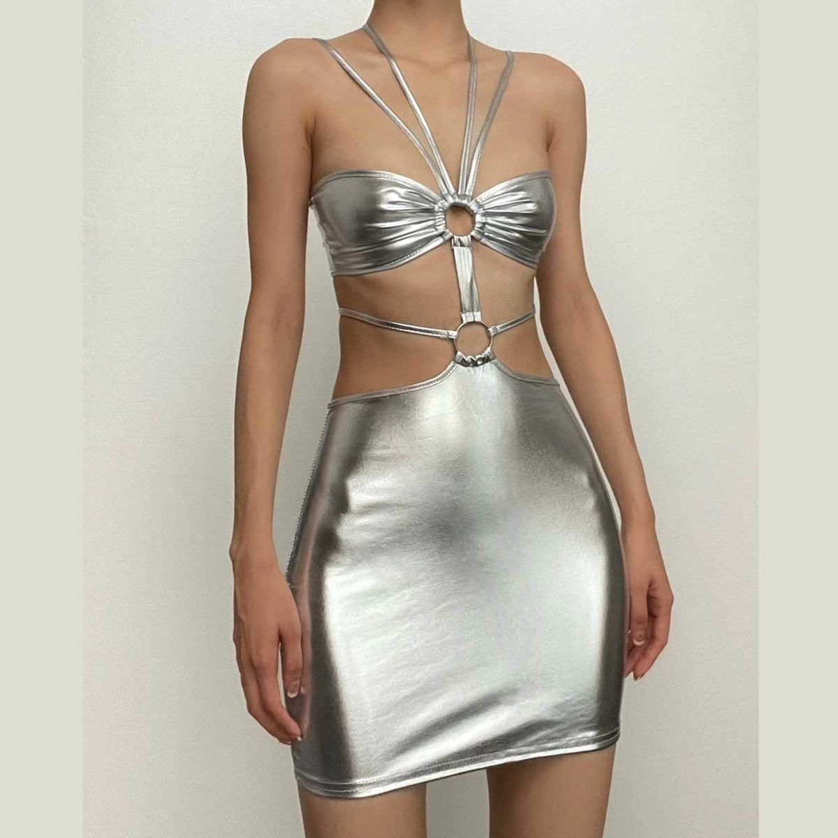 Halter Neck O Ring Cut Out Backless Bodycon Mini Dress - View 2