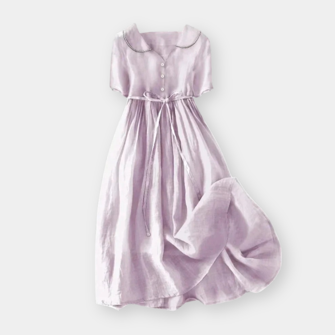 Peter Pan Collar Short Sleeve Tie Waist Linen Midi Dress